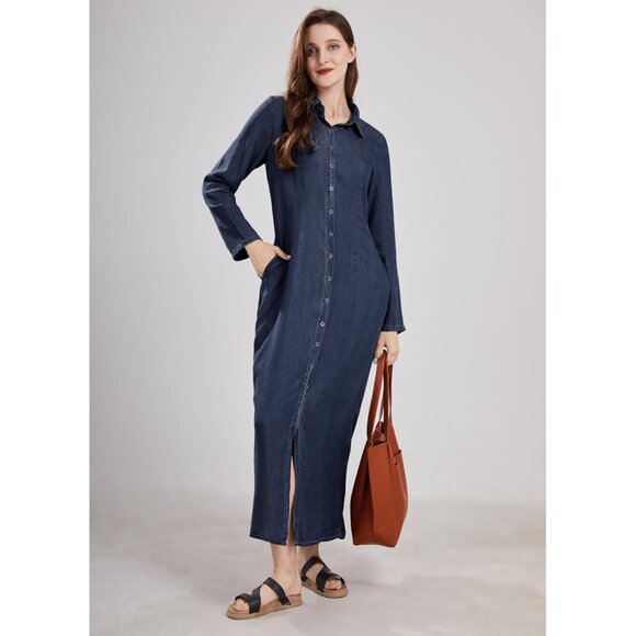 Women's Casual Denim Maxi Dress Long Sleeve Pockets Button Up Stylish - Picture 5 of 7